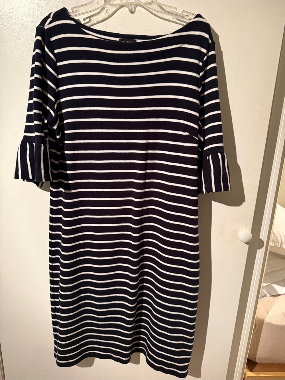 Talbots Navy and White Stripe Ruffle Sleeve Midi Dress